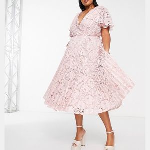 ASOS DESIGN Curve Exclusive lace pleated midi dress with tie detail in blush